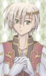  1boy argyle_background asymmetrical_bangs blonde_hair brown_coat circlet coat commentary_request cracking_knuckles cross cross_necklace gloves gold_trim green_background green_eyes hair_between_eyes high_priest_(ragnarok_online) jewelry long_sleeves looking_at_viewer lowres male_focus multicolored_coat necklace parted_lips ragnarok_online red_coat sharari short_hair solo two-tone_coat upper_body white_coat white_gloves 