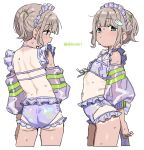  1girl ass back blue_eyes breasts brown_hair detached_sleeves frills idolmaster idolmaster_shiny_colors maid_headdress median_furrow navel petite ribs see-through_clothes see-through_sleeves serizawa_asahi shisoneri short_hair shoulder_blades simple_background small_breasts sweat tan tanlines twintails white_background 