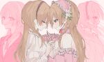  2girls a4f9gybaah5219 bare_shoulders black_hairband blush bouquet brown_eyes brown_hair chin_strap closed_eyes closed_mouth dress dual_persona elbow_gloves face-to-face facing_another floating_hair flower frilled_dress frilled_hairband frills gloves hairband highres holding holding_bouquet iyowa_girls lolita_hairband long_hair long_sleeves looking_at_another momo_(iyowa) momoiro_no_kagi_(vocaloid) multiple_girls multiple_views own_hands_clasped own_hands_together pink_background pink_dress pink_flower pink_gloves pink_hairband pink_rose rose shirt simple_background smile strapless strapless_dress upper_body white_shirt 