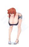  aizawa_eiko bent_over breasts brown_eyes brown_hair hanging_breasts high_heels highres huge_breasts libre looking_at_viewer shinryaku!_ikamusume short_hair shorts simple_background smile solo tank_top 