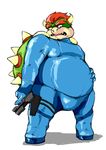  2017 anthro bowser bulge clothed clothing cosplay crossover digital_media_(artwork) gun hair handgun horn koopa looking_at_viewer male mammal mario_bros metroid nintendo overweight pistol ranged_weapon red_hair reptile scalie shell simple_background skinsuit slightly_chubby solo spikes standing subakitsu tight_clothing video_games weapon white_background zero_suit 