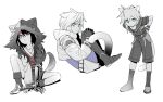 3boys aged_down animal_ear_hood animal_ears between_legs blue_bodysuit bodysuit boots cat_boy cat_ears cat_tail child cloud_strife cloud_strife_(maritime_sailor) coat collarbone commentary cropped_jacket expressionless final_fantasy final_fantasy_vii final_fantasy_vii_ever_crisis fingerless_gloves full_body fur-trimmed_coat fur_trim gauntlets gloves green_eyes hand_between_legs hands_on_own_back hands_up headband highres hood hood_up kemonomimi_mode knee_up leaning_forward lily_(shio1006) limited_palette long_sleeves looking_at_viewer male_focus multiple_boys own_hands_clasped own_hands_together red_eyes red_headband red_shirt sailor sailor_collar sephiroth sephiroth_(ever_crisis) sephiroth_(natant_jacket) shirt shorts simple_background single_gauntlet sitting sleeve_cuffs slit_pupils solo spot_color spread_legs tail vincent_valentine vincent_valentine_(stray_dog) white_background 