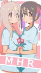  2girls ahoge asymmetrical_docking bambi2000line black_hair blush breast_press breasts brown_eyes clothes_writing colored_inner_hair commentary grey_hair hair_between_eyes hair_ornament hair_ribbon hairclip highres holding_hands interlocked_fingers long_hair looking_at_viewer matching_outfits medium_breasts multicolored_hair multiple_girls onii-chan_wa_oshimai! oversized_clothes oversized_shirt oyama_mahiro oyama_mihari pink_hair purple_hair red_ribbon ribbon shirt short_sleeves siblings simple_background sisters small_breasts twintails two-tone_hair white_shirt 