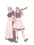  2boys ahoge alternate_costume america_(hetalia) apron axis_powers_hetalia back_bow bazubi black-framed_eyewear black_bow black_bowtie black_dress black_shoes blonde_hair blue_dress bow bowtie buttons closed_eyes collared_dress commentary_request covering_face crossdressing dress embarrassed enmaided fingernails frills full_body glasses grey_hair gun hand_on_own_hip hand_up hands_on_own_face hands_up highres holding holding_gun holding_weapon juliet_sleeves long_sleeves maid maid_headdress male_focus multiple_boys open_mouth puffy_sleeves rifle russia_(hetalia) scarf semi-rimless_eyewear shoes short_hair short_sleeves simple_background smile socks standing v-shaped_eyebrows weapon white_apron white_background white_bow white_scarf white_socks wrist_cuffs 
