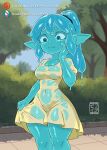  absurdres blue_skin breasts cleavage colored_skin covered_navel day dress feet_out_of_frame goblin hand_on_own_face highres large_breasts monster_girl original outdoors pointy_ears ponytail sephyra_draws short_dress slime_girl slime_hair sundress thick_thighs thighs 