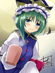  asymmetrical_hair bangs blue_eyes blush closed_mouth commentary_request cup eyebrows_visible_through_hair frills green_eyes hair_between_eyes hat holding holding_cup looking_at_viewer motion_lines shiki_eiki signature smile smoke solo tirotata touhou 