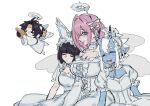  1boy 3girls animal_ears asaba_harumasa black_hair blue_oni bow chibi dress fox_ears fox_girl glasses hair_between_horns halo head_on_another&#039;s_shoulder headband horns long_hair multicolored_horns multiple_girls offnanoda oni pink_eyes pink_hair puffy_short_sleeves puffy_sleeves short_sleeves simple_background sleeping smile soukaku_(zenless_zone_zero) tsukishiro_yanagi two-tone_horns white_bow white_dress white_hair white_halo white_wings wings yellow_headband zenless_zone_zero 