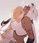  2girls animal_ears armlet bare_shoulders black_gloves black_hairband blonde_hair blue_eyes blush body_markings breasts caenis_(fate) caenis_(second_ascension)_(fate) clenched_teeth closed_eyes clothes_grab commentary dark-skinned_female dark_skin ears_down elbow_gloves fate/grand_order fate_(series) from_side genderswap genderswap_(mtf) gloves grey_background hair_between_eyes hair_intakes hairband halterneck hand_on_another&#039;s_back hand_on_another&#039;s_stomach highres horse_ears jewelry kirschtaria_wodime large_breasts licking licking_another&#039;s_neck long_hair looking_at_another multiple_girls ponytail ponytail_holder protected_link sabamori shirt shirt_grab simple_background sleeveless sleeves_rolled_up sweat teeth tongue tongue_out twitching upper_body white_gloves white_hair white_shirt yuri 