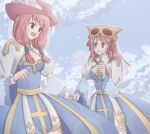  2girls arch_bishop_(ragnarok_online) blue_dress blue_sky blush bow breasts cleavage cleavage_cutout clothing_cutout cloud commentary_request cowboy_shot cross dated_commentary day dress fedora frilled_thighhighs frills green_eyes grey_eyes hair_bow hair_tubes hat holding_hands juliet_sleeves long_hair long_sleeves looking_at_viewer medium_breasts multiple_girls open_mouth outdoors pink_bow pink_hair pink_hat plume puffy_sleeves raccoon_hat ragnarok_online sash sharari sidelocks sky smile thighhighs two-tone_dress white_dress white_thighhighs yellow_sash 