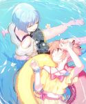  2girls alternate_costume artist_name bare_arms bare_shoulders barefoot black_shorts blue_hair blue_one-piece_swimsuit blue_scrunchie bow bowtie closed_eyes collarbone cowboy_shot expressionless flower foot_out_of_frame hair_between_eyes hair_ribbon hand_on_own_head heart-shaped_innertube highres kaname_madoka looking_at_another lying magia_record:_mahou_shoujo_madoka_magica_gaiden mahou_shoujo_madoka_magica mahou_shoujo_madoka_magica_(anime) midriff miki_sayaka miki_sayaka_(surfer_ver.) multiple_girls ocean off-shoulder_shirt off_shoulder official_alternate_costume on_back one-piece_swimsuit open_mouth parted_lips partially_submerged petals pink_bow pink_bowtie pink_eyes pink_hair pink_innertube pointy_nose red_ribbon ribbon ripples scrunchie shirt short_hair short_sleeves short_twintails shorts side_slit skirt skirt_set smile swimsuit swimsuit_under_clothes tareme toes twintails two-tone_innertube un_nm5sy waist_bag watermark white_flower white_shirt wide_sleeves wrist_scrunchie yellow_innertube yellow_shirt yellow_skirt 