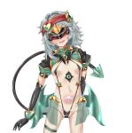  1girl absurdres arm_behind_back ass_visible_through_thighs bikini black_gloves black_one-piece_swimsuit blush breasts cameltoe corruption covered_nipples cowboy_shot dark_persona demon_tail elbow_gloves facing_viewer g11_(girls&#039;_frontline) girls&#039;_frontline gloves grey_hair headband heart highres logia13laplace long_hair low_wings mask medium_hair micro_bikini navel one-piece_swimsuit open_mouth pubic_tattoo red_headband revealing_clothes see-through_clothes shiny_skin short_sleeves simple_background skindentation skirt slave_gear slingshot_swimsuit small_breasts smile solo standing swimsuit tail tattoo thigh_strap transparent_background ts_magical_girl_nao variant_set white_background wings 