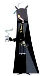  1girl 20years animal_ears animal_print belt black_belt black_shirt black_skirt cat_print collared_shirt commentary_request cup ear_tag earrings hair_over_one_eye highres holding holding_cup horse_ears horse_girl jewelry korean_commentary long_hair manhattan_cafe_(umamusume) necktie pleated_skirt shirt simple_background single_earring skirt solo standing steam umamusume very_long_hair white_background yellow_eyes yellow_necktie 
