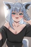  1girl :d absurdres ahoge animal_ears blush braid breasts cleavage commentary double-parted_bangs extra_ears fox_ears fox_girl fox_tail hair_between_eyes hand_up highres hololive kumarang large_breasts long_hair looking_at_viewer low_ponytail naked_shirt official_alternate_costume open_mouth oversized_clothes oversized_shirt ponytail shirakami_fubuki shirakami_fubuki_(loungewear) shirt side_braid sidelocks single_braid single_off_shoulder smile solo t-shirt tail teeth three-quarter_sleeves upper_teeth_only v-neck virtual_youtuber white_hair 