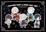  1girl 4boys bad_id black_background black_coat black_hair blue_coat boots bottle cane capcom character_name chibi coat copyright_name cup dante_(devil_may_cry) devil_may_cry_(series) devil_may_cry_3 devil_may_cry_4 devil_may_cry_5 drinking_glass food highres holding holding_food holding_pizza jacket lady_(devil_may_cry) multiple_boys nero_(devil_may_cry) official_art one_eye_closed pants pizza red_coat shorts tinted_eyewear tray v_(devil_may_cry) vergil_(devil_may_cry) white_hair white_jacket white_shorts wine_bottle wine_glass 