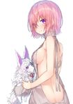  aran_sweater backless_dress backless_outfit bare_back bare_shoulders blush breasts butt_crack dress eyebrows_visible_through_hair eyes_visible_through_hair fate/grand_order fate_(series) fou_(fate/grand_order) hair_over_one_eye hakuishi_aoi halterneck looking_at_viewer looking_back mash_kyrielight medium_breasts meme_attire naked_sweater pink_hair purple_eyes sideboob simple_background smile solo sweater sweater_dress turtleneck turtleneck_sweater virgin_killer_sweater white_background 