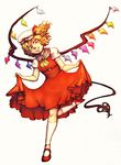  blonde_hair buttons dress flandre_scarlet full_body hat hat_ribbon highres laevatein_(tail) looking_at_viewer mary_janes moonywitcher red_dress red_eyes red_ribbon ribbon shoes short_hair simple_background smile socks solo tail teeth touhou wings 