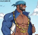  1boy abs anchor_necklace archie_(pokemon) artist_name bandana bara beard blue_bandana blue_bodysuit blue_sky bodysuit cloud cropped dark-skinned_male dark_skin english_commentary facial_hair jakkufurosto jewelry looking_at_viewer male_focus muscular muscular_male navel necklace nipples open_bodysuit open_clothes pectorals pokemon pokemon_oras profile sky smile 