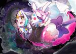  1girl beret bow bowtie colorful hat heterochromia highres hime_cut jougasaki_noa long_hair magical_girl mahou_shoujo_no_majo_saiban multicolored_hair paint_tube purple_bow purple_bowtie rappi reaching smile 