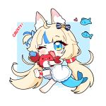  :3 ahoge animal animal_ear_fluff animal_ears artist_name barefoot blonde_hair blue_background blue_bow blue_eyes blue_hair bow cat_ears chibi chibi_only crab dress fang fins fish fish_girl fish_tail full_body hair_bow heart highres holding holding_animal indie_virtual_youtuber lifebuoy lifebuoy_anklet lifebuoy_hair_ornament long_hair looking_at_viewer low_twintails multicolored_hair one_eye_closed one_side_up open_mouth sailor_dress sameko_saba seashell shell shibedraws sleeveless sleeveless_dress streaked_hair swim_ring tail twintails very_long_hair virtual_youtuber white_background white_dress 
