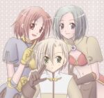  1boy 2girls acolyte_(ragnarok_online) archer_(ragnarok_online) bikini bikini_top_only blonde_hair blue_hair blue_shirt breasts brown_capelet brown_coat brown_eyes brown_gloves capelet cassock closed_mouth coat commentary_request dated_commentary elbow_gloves gloves green_eyes grey_background grey_eyes looking_at_viewer lowres mage_(ragnarok_online) midriff multiple_girls muneate navel open_mouth pelvic_curtain pink_hair ragnarok_online red_bikini red_skirt sharari shirt short_hair showgirl_skirt skirt small_breasts smile star_(symbol) star_symbol_background swimsuit upper_body v yellow_gloves 