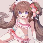  1girl :d bikini bikini_skirt blue_archive blush brown_hair flower frilled_bikini frills hair_flower hair_ornament long_hair looking_at_viewer open_mouth pink_bikini pixel_art purple_eyes shizuko_(blue_archive) shizuko_(swimsuit)_(blue_archive) sitting smile solo swimsuit tinia_etru twintails very_long_hair 