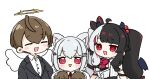  1boy 2girls :d animal_ear_fluff animal_ears animal_hands black_hair black_jacket black_wings blush bow brown_gloves brown_hair cat_ears chibi closed_eyes collared_shirt commentary demon_horns demon_wings dress dress_shirt gloves grey_hair hair_between_eyes hair_bobbles hair_ornament hakase_fuyuki hakase_fuyuki_(1st_costume) halo horns jacket kagami_hayato kagami_hayato_(1st_costume) kemonomimi_mode multicolored_hair multiple_girls nijisanji nozo_(hitomiz) paw_gloves pink_hair red_bow red_eyes shirt short_sleeves simple_background smile streaked_hair striped_clothes striped_dress twintails two-tone_hair upper_body vertical-striped_clothes vertical-striped_dress virtual_youtuber white_background white_shirt white_wings wings yorumi_rena yorumi_rena_(1st_costume) 