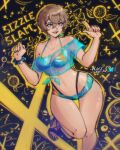  1girl arai_motoha bikini bikini_under_clothes blue_bikini blue_eyes hatidraw highres navel o-ring o-ring_bikini o-ring_top official_alternate_costume open_mouth persona persona_5 persona_5:_the_phantom_x short_hair solo stomach swimsuit thighs wide_hips 