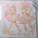  2girls :3 :d animal_ears art_tools_in_frame ball balloon black_hair blonde_hair braid breasts brown_hair commentary copyright_name corset crown_braid dress easter floating_hair flower food_court_de_mata_ashita from_side happy_easter highres holding holding_ball kneepits long_hair looking_at_viewer looking_to_the_side medium_hair multiple_girls nariie_shin&#039;ichirou pennant photo_(medium) pink_dress puffy_short_sleeves puffy_sleeves rabbit_ears ribbed_socks ribbed_thighhighs shoes short_sleeves signature skirt_hold smile socks symbol-only_commentary tan thighhighs traditional_media underbust upskirt wada_(food_court) yamamoto_(food_court) 