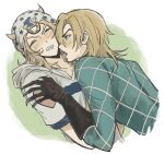  2boys 4wihljrgsy40061 argyle_clothes argyle_sweater beanie blonde_hair blue_lips blue_sleeves blue_sweater blush clawed_gauntlets closed_eyes diego_brando gloves hat highres hood hood_down hoodie horseshoe_hat_ornament horseshoe_ornament johnny_joestar jojo_no_kimyou_na_bouken licking licking_another&#039;s_neck male_focus medium_hair multiple_boys no_headwear star_(symbol) star_print steel_ball_run sweater teeth tongue tongue_out two-tone_sleeves white_hat white_hoodie white_sleeves yaoi 