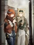  :d ^_^ animal_ears aqua_eyes arknights bagpipe_(arknights) belt belt_buckle black_belt black_choker black_hairband black_horns black_pants blonde_hair blue_pants bright_pupils brown_scarf buckle chinese_commentary choker closed_eyes closed_mouth coffee commentary_request cup denim disposable_coffee_cup disposable_cup drink food glk_sier green_sweater grey_choker hair_intakes hair_ornament hairband hairclip hand_in_pocket highres holding holding_drink holding_food horn_(arknights) horns jeans laughing long_hair long_sleeves looking_at_another open_mouth orange_hair outdoors pants ribbed_sweater scarf smile snowing steam sweater torn_clothes torn_jeans torn_pants white_pants white_pupils 