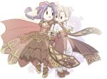  1boy 1girl arch_bishop_(ragnarok_online) armor armored_boots armored_dress blonde_hair boots bow braid brown_coat brown_gloves brown_pantyhose brown_shoes closed_mouth coat commentary_request cross dress fingerless_gloves full_body gloves gold_trim hair_bow holding_hands long_hair looking_at_another looking_to_the_side official_alternate_costume open_clothes open_coat open_mouth pants pantyhose pauldrons petticoat pink_bow pink_dress pink_shirt purple_hair ragnarok_online royal_guard_(ragnarok_online) sharari shirt shoes short_hair shoulder_armor shrug_(clothing) simple_background single_braid smile solid_oval_eyes variant_set white_background white_pants 