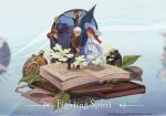  2girls amo_(amo_0514) blue_background blush book boots brown_boots brown_coat buttons cape chain chinese_commentary closed_mouth coat commentary_request copyright_name copyright_notice deemo deemo_ii double-breasted dress echo_(deemo) elbow_gloves feather_nib_pen flower food fruit fruit_request full_body gloves hat highres holding holding_pen jar knee_boots lan_(deemo) leaf long_dress long_hair long_sleeves looking_down mini_person minigirl multiple_girls nib_pen_(object) no_mouth official_art pen petal_on_head plant pocket_watch purple_eyes red_hair short_hair smile standing sun_hat v_arms vines watch white_cape white_dress white_flower white_gloves white_hair white_hat window writing 