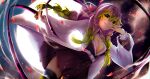  1girl :p absurdres braid breasts cleavage cyan_paint demon_slayer_uniform green_hair hair_between_eyes haori highres holding holding_whip japanese_clothes kanroji_mitsuri kimetsu_no_yaiba long_hair long_sleeves looking_at_viewer pink_hair signature solo thighhighs tongue tongue_out tri_braids weapon whip_sword white_haori 
