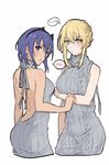  artoria_pendragon_(all) artoria_pendragon_(lancer_alter) ass backless_dress backless_outfit blonde_hair blush breasts dark_persona dark_skin dress fate/grand_order fate/prototype fate/prototype:_fragments_of_blue_and_silver fate_(series) halterneck hassan_of_serenity_(fate) highres large_breasts long_hair looking_at_viewer medium_breasts meme_attire multiple_girls purple_eyes purple_hair ribbed_sweater short_hair sweater sweater_dress teshima_nari turtleneck turtleneck_sweater virgin_killer_sweater 