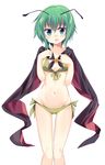  antennae ass_visible_through_thighs bangs bikini blush breasts cape front-tie_bikini front-tie_top green_bikini green_eyes green_hair groin highres looking_at_viewer maturiuta_sorato navel short_hair side-tie_bikini simple_background small_breasts solo swimsuit touhou white_background wriggle_nightbug 