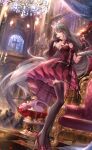  1girl alcohol artist_request asymmetrical_gloves asymmetrical_legwear black_gloves black_ribbon blue_eyes breasts cake chandelier church cleavage cross-laced_clothes cross-laced_dress crown cup curtains day dress drink drinking_glass elbow_gloves eyelashes finger_to_mouth flower food full_body game_cg gloves grey_hair grey_socks grey_thighhighs high_heels highres holding holding_cup holding_drink holding_tray indoors kneehighs lace-trimmed_dress lace-trimmed_thighhighs lace_trim light_particles lilith_(shining_nikki) lipstick long_hair looking_to_the_side macaron makeup medium_breasts medium_dress neck_ribbon nikki_(series) official_art parted_lips people petals pink_ribbon red_dress red_flower red_lips red_rose red_shoes ribbon rose rose_petals shining_nikki shoes single_elbow_glove single_kneehigh single_sock single_thighhigh smile socks solo_focus standing strapless strapless_dress teeth thighhighs throne tile_floor tiles tray very_long_hair waist_ribbon white_crown window wine wine_glass 