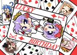  6+girls blue_hair blush bonta-kun bottle box brown_hair card cellphone clock club_(shape) crown fish food fork fruit glasses happy happy_birthday heart heart-shaped_box highres hiiragi_kagami hiiragi_tsukasa holding holding_bottle holding_fork izumi_konata japanese_clothes jester kusakabe_misao lucky_star mada_shichiji miko minegishi_ayano multiple_girls nyamou orange_hair phone pink_hair playing_card purple_hair red_background siblings sisters smile spade_(shape) strawberry takara_miyuki twins twintails 