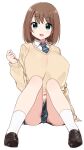  1girl :d ass black_shoes blue_necktie blue_skirt breasts brown_hair brown_sweater cardigan clenched_hands collared_shirt cup_size diagonal-striped_clothes diagonal-striped_necktie green_eyes hand_up highres large_breasts loafers long_sleeves medium_hair miniskirt necktie open_mouth pleated_skirt reclining saki_(manga) school_uniform shirt shisoneri shoes sitting skirt smile socks solo striped_clothes striped_necktie sweater tented_shirt unozawa_shiori white_shirt white_socks yellow_cardigan 