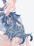  2girls animal_ears black_hair black_shirt blue_eyes blush bottomless cat_ears cat_girl cat_tail chinese_commentary commentary_request commission earrings highres holding_another&#039;s_tail jewelry lanserongjie long_hair looking_at_viewer lying miyagi_shiori multiple_girls on_stomach second-party_source sendai_hazuki shirt shuuniichido_classmate_wo_kau_hanashi simple_background sleeves_rolled_up stud_earrings tail white_background yuri 
