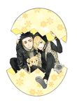  animal_print black_hair blonde_hair brown_eyes cat coat eggshell eyes_visible_through_hair green_eyes hair_over_one_eye hood hoodie leopard_print male_focus multiple_boys nechi774 open_mouth otabek_altin smile stuffed_animal stuffed_toy teddy_bear yuri!!!_on_ice yuri_plisetsky 