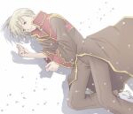 1boy asymmetrical_bangs blonde_hair brown_coat brown_pants closed_mouth coat commentary_request dated_commentary feet_out_of_frame gold_trim green_eyes grey_shoes long_sleeves looking_at_viewer lying male_focus multicolored_coat on_side pants priest_(ragnarok_online) ragnarok_online red_coat sharari shoes short_hair smile solo two-tone_coat white_background 