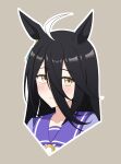  1girl absurdres ahoge animal_ears black_hair bow bowtie ear_tag earrings grey_background hair_between_eyes highres horse_ears horse_girl jewelry long_hair long_hair_between_eyes manhattan_cafe_(umamusume) multicolored_hair purple_sailor_collar purple_shirt quellpan sailor_collar school_uniform shirt simple_background single_earring tracen_school_uniform umamusume white_bow white_bowtie white_hair yellow_eyes 