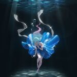  1girl absurdres air_bubble armpit_crease bare_arms bare_shoulders bent_over blue_bow blue_dress blue_hair bow braid braided_sidelock breasts bubble caustics charon_universe cleavage cleavage_cutout closed_eyes closed_mouth clothing_cutout collarbone commentary_request dress eris_(charon_universe) floating_clothes floating_hair full_body glint gradient_hair grey_shoes hair_bow hair_intakes halter_dress halterneck hand_on_own_chest highres korean_commentary large_breasts leg_ribbon leg_up lens_flare light_rays long_hair multicolored_hair myomomoo parted_bangs pink_hair pink_ribbon ribbon see-through_clothes see-through_dress shawl shoes single_sidelock sleeveless sleeveless_dress solo standing standing_on_one_leg streaked_hair submerged sunbeam sunlight thigh_gap underwater very_long_hair white_shawl 