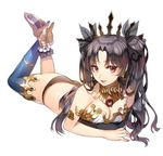  ass bare_shoulders black_hair blue_legwear breasts cleavage crown earrings fate/grand_order fate_(series) ganik high_heels ishtar_(fate/grand_order) jewelry long_legs lying medium_breasts on_stomach red_eyes simple_background single_thighhigh smile solo the_pose thighhighs twintails white_background 