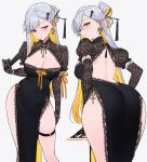  1girl absurdres alternate_costume ass back_cutout black_dress black_gloves blonde_hair blush breasts cleavage closed_mouth clothing_cutout colored_inner_hair dress earrings elbow_gloves feet_out_of_frame folding_fan gloves hair_ornament hand_fan highres holding holding_fan jewelry large_breasts leaning_forward long_hair looking_at_viewer looking_back multicolored_hair multiple_views paid_reward_available patreon_username qiandaiyiyu short_sleeves simple_background standing thigh_strap thighs two-tone_hair white_background white_hair yellow_eyes yixuan_(zenless_zone_zero) zenless_zone_zero 