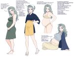  1girl :d :o anklet apron arm_support asymmetrical_bangs bandana barefoot beifeng_han blue_eyes bra breasts cardigan chinese_text cleavage commentary covered_nipples dress english_commentary english_text full_body green_dress green_hair grey_tank_top hand_on_own_hip hand_on_own_stomach highres japanese_clothes jewelry kanburiya_ki long_hair looking_at_viewer medium_breasts mixed-language_text multilingual_text open-toe_shoes open_mouth original panties pants pregnant reference_sheet sleeveless sleeveless_dress smile tank_top toes underwear wavy_hair white_bandana yellow_apron yellow_bra yellow_panties yellow_pants 