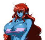 &gt;:) bandeau bare_arms bare_shoulders black_sclera blue_skin borrowed_character breasts bursting_breasts cleavage closed_mouth collarbone commentary demon_girl devil-v hair_between_eyes huge_breasts long_hair looking_at_viewer original pointy_ears red_hair smile solo torn_clothes upper_body v-shaped_eyebrows very_long_hair yellow_eyes 