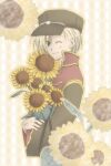  1boy argyle_background blonde_hair brown_coat brown_hat closed_mouth coat commentary_request dated_commentary flower gold_trim green_eyes hat holding holding_flower long_sleeves looking_at_viewer male_focus multicolored_coat newsboy_cap one_eye_closed priest_(ragnarok_online) ragnarok_online red_coat sharari short_hair smile solo sunflower two-tone_coat upper_body yellow_background yellow_flower 
