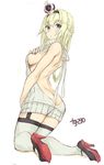  backless_dress backless_outfit bare_back blonde_hair blue_eyes blush braid breast_suppress breasts butt_crack crown dress french_braid full_body goekawa grey_legwear hairband halterneck high_heels kantai_collection kneeling long_hair looking_back medium_breasts meme_attire mini_crown naked_sweater open_mouth ribbed_sweater sideboob simple_background solo sweater sweater_dress thighhighs turtleneck turtleneck_sweater twitter_username virgin_killer_sweater warspite_(kantai_collection) white_background 