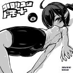  1girl ahoge ass backbeako_(torotei) backbeard bare_legs bike_shorts blush breasts commentary_request dated dated_commentary dutch_angle feet_out_of_frame gegege_no_kitarou greyscale hair_over_one_eye kono_lolicon_domome long_hair looking_at_viewer lying monochrome on_back original paid_reward_available petite pointy_ears shirt simple_background sleeveless sleeveless_shirt small_breasts solo sweat torotei translated twintails web_address 